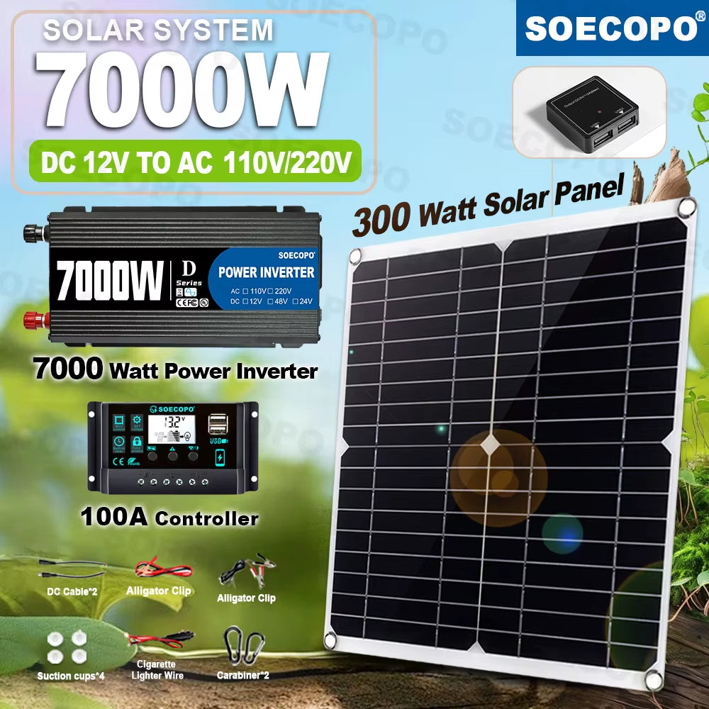 7000W Solar Power Kit with 100A Controller & 300W Panel Inverter 12V to 110V/220V for Home/Camping/Rv/Emergency Backup
