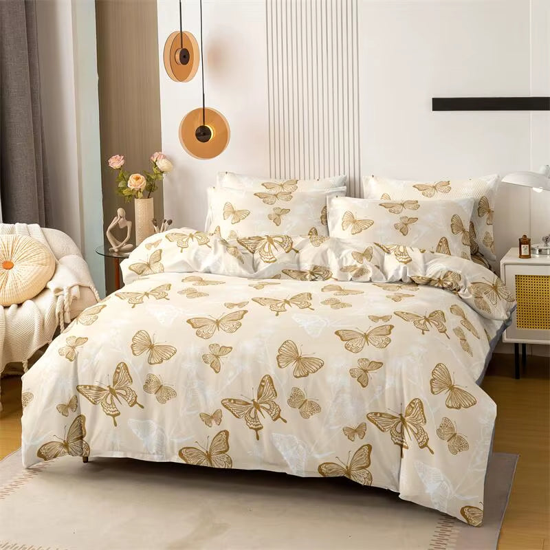 3Pcs Butterfly Pattern Brushed Bedding Set King Size Duvet Cover Pillowcase Set Skin Friendly Breathable Duvet Cover Pillowcases