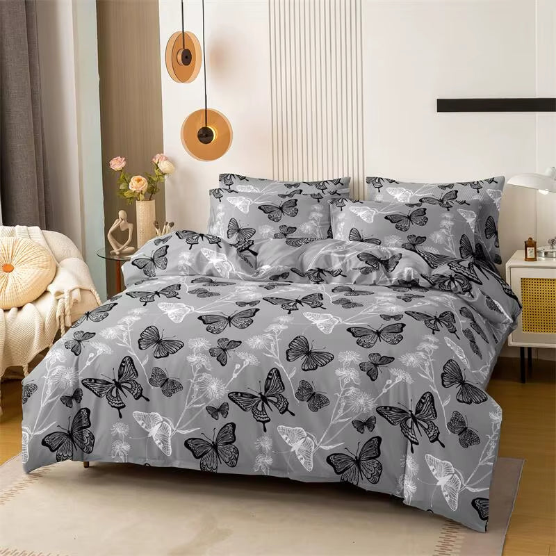 3Pcs Butterfly Pattern Brushed Bedding Set King Size Duvet Cover Pillowcase Set Skin Friendly Breathable Duvet Cover Pillowcases