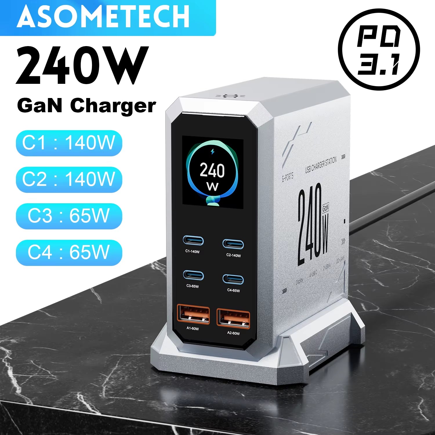 240W Gan Charger PD3.1 140W USB Type C 6 Ports PPS PD Desktop Fast Charging Station for Macbook Laptops Tablet Iphone Samsung