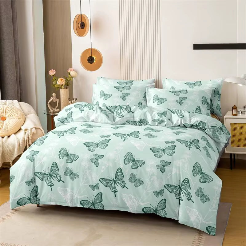 3Pcs Butterfly Pattern Brushed Bedding Set King Size Duvet Cover Pillowcase Set Skin Friendly Breathable Duvet Cover Pillowcases