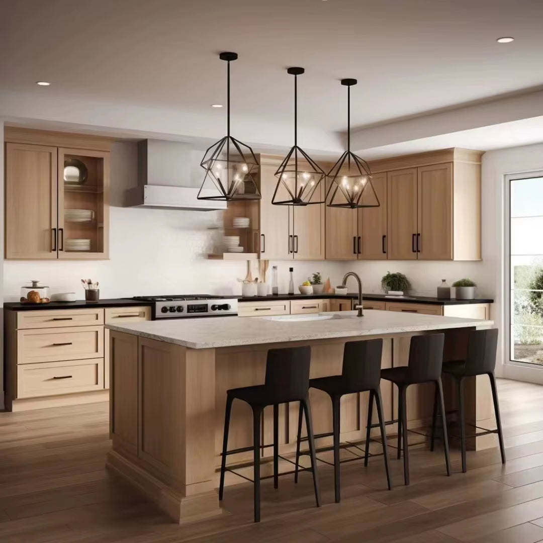 Custom Cabinet Luxury Kitchen Furniture Solid Wood Kitchen Cabinet with Island Modern Quartz Stone Countertops Villa Kitchen