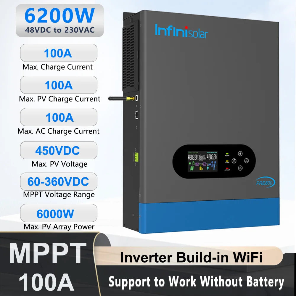 6.2KW Hybrid Solar Inverter with Built-In Wifi 100A MPPT 48V to 230V Dual AC Output off Grid Photovoltaic Inverter