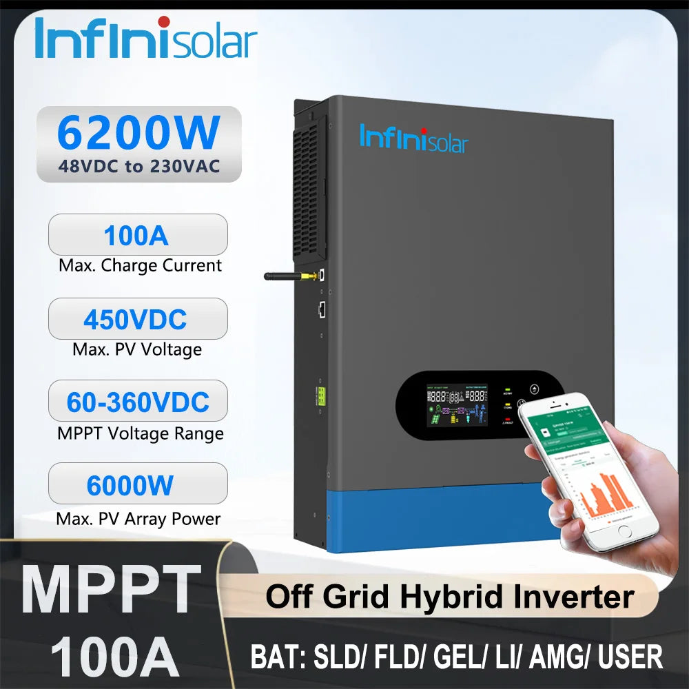 6.2KW Hybrid Solar Inverter with Built-In Wifi 100A MPPT 48V to 230V Dual AC Output off Grid Photovoltaic Inverter