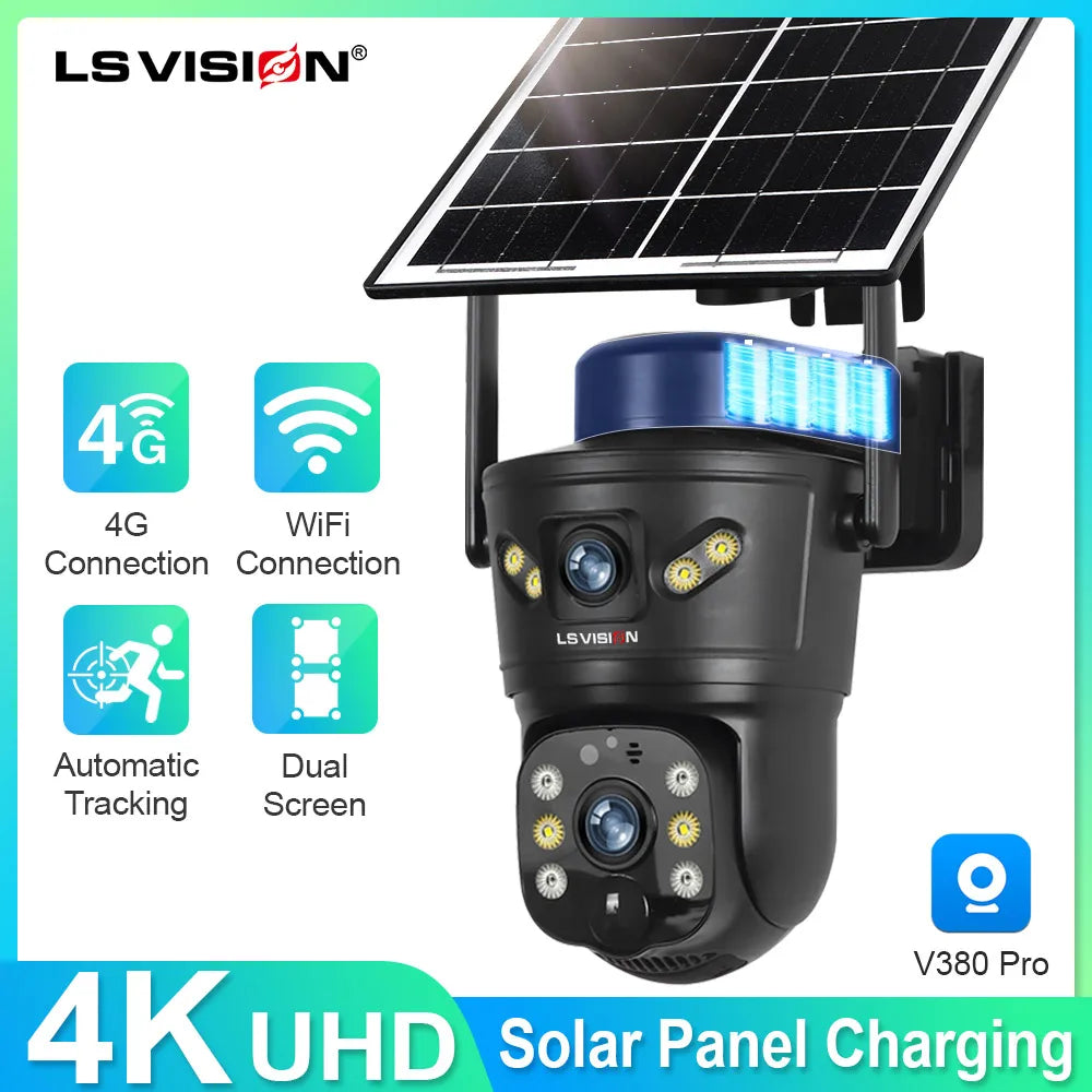 4G /WIFI Outdoor Solar Camera 8MP Dual Lens PIR Sim Card Built in Night Vision Waterproof Security Camara Battery CCTV