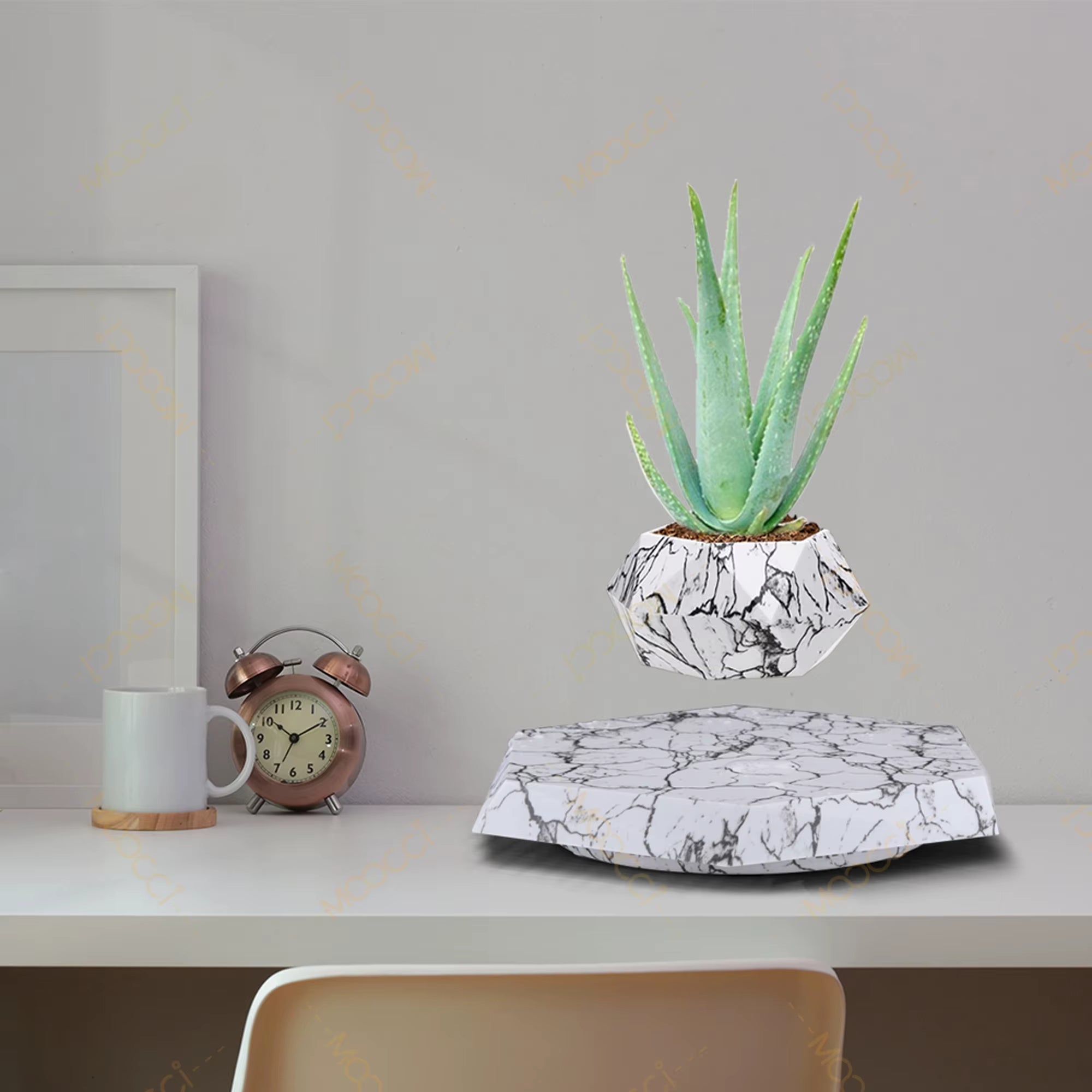 Elegant ABS Plastic Magnetic Levitation Wedding Promotions Agriculture Marble-Like Hexagon Affordable Smart Flower Plant Pot